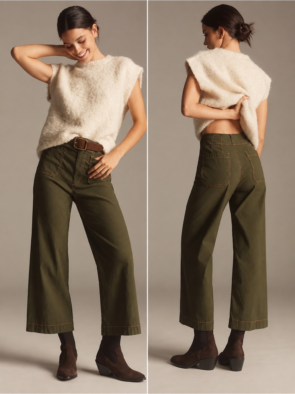 Anthropologie Maeve Colette Crop Wide Leg Pant Olive Green Contrast Stitch